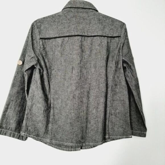 ORLY Denim 3/4 Utility Sleeve Jean Embroidery Button Down Shacket Sz 6 - Picture 9 of 13